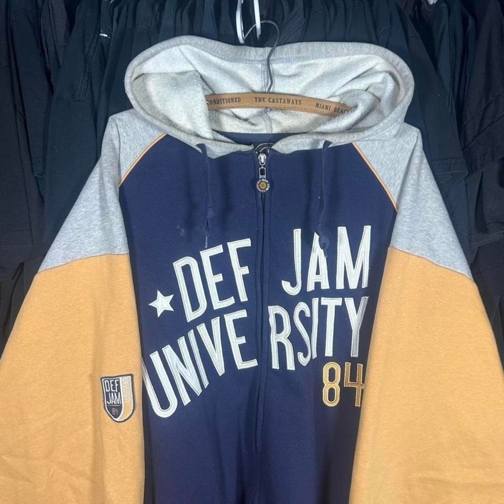 Navy and yellow vintage Y2K full zip embroidered Def Jam zip-up hoodie Size XXL